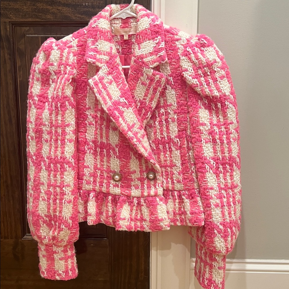 LoveShackFancy Pink and Cream Tweed Peplum Blazer